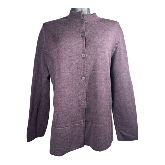 Eileen Fisher Womens Medium Cardigan Sweater 100% Merino Wool Eggplant Excellent - Picture 2 of 9